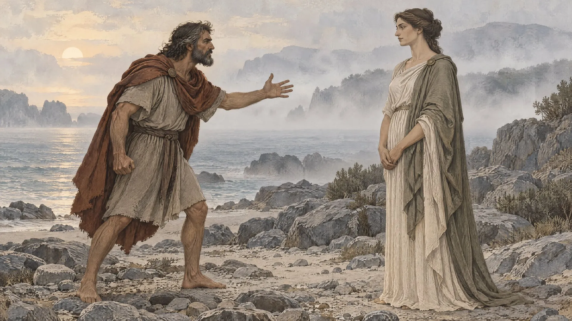 On the shore of Ithaca, Odysseus confronting Athena over why she never showed herself to him