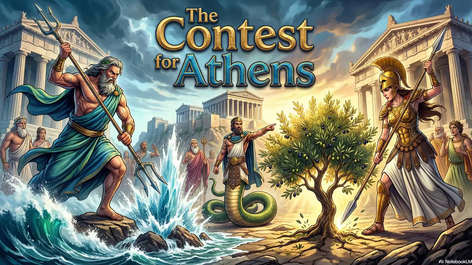 Goddess Athena and Sea God Poseidon facing each other before the olive tree and the salt spring on the Acropolis
