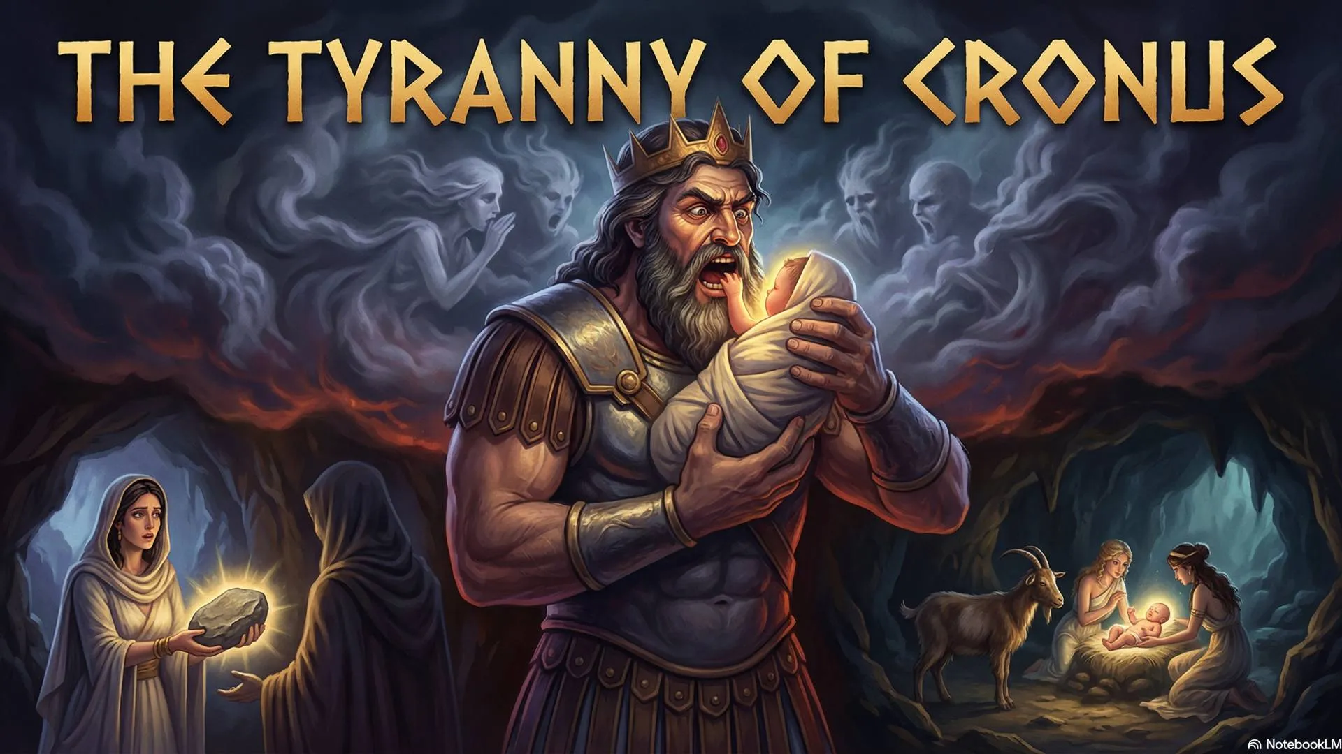 Cronus about to devour an infant against a dark background, with Rhea looking on in despair.