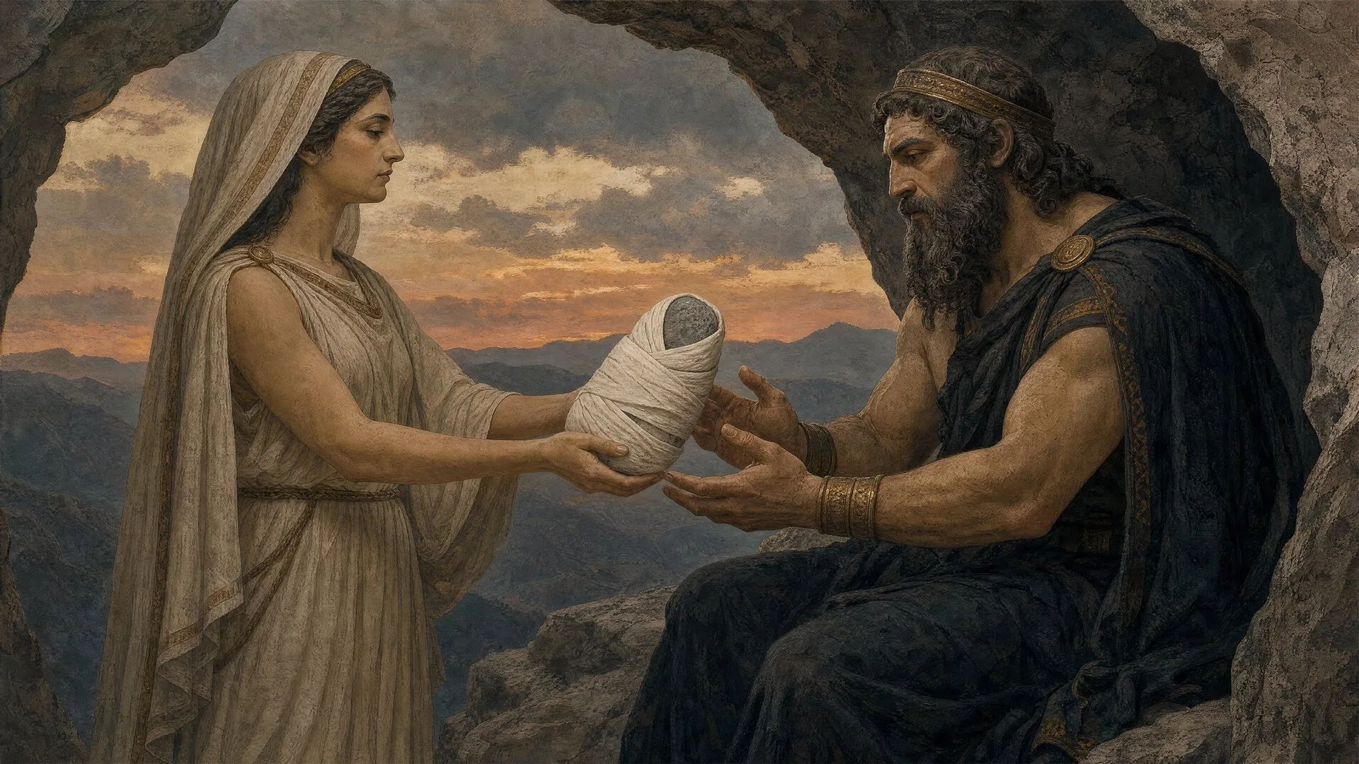 Cronus about to devour an infant against a dark background, with Rhea looking on in despair.