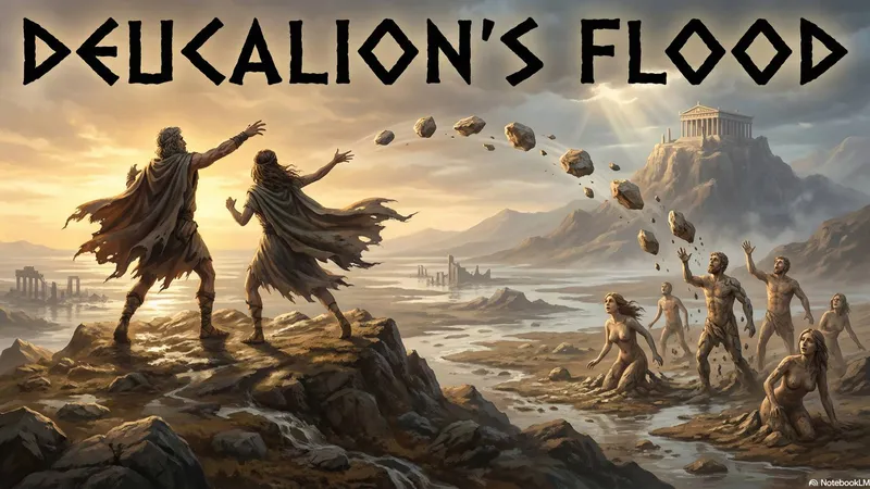 A mythological scene depicting Deucalion and Pyrrha casting stones behind them, from which new humans are born.