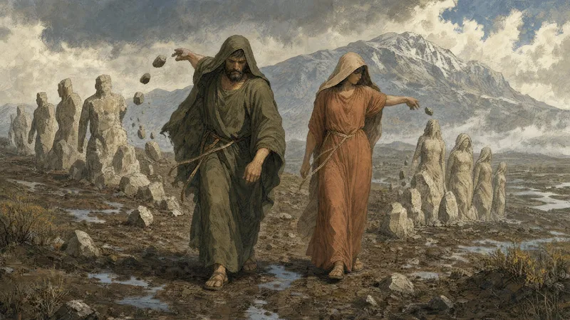 A mythological scene depicting Deucalion and Pyrrha casting stones behind them, from which new humans are born.