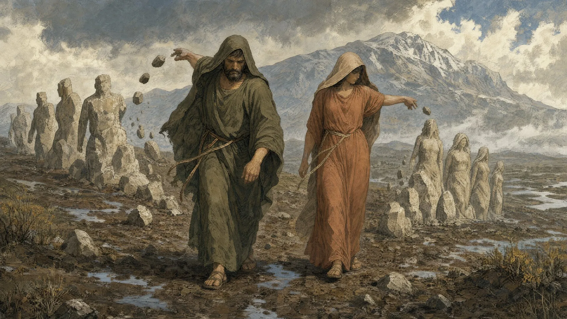 A mythological scene depicting Deucalion and Pyrrha casting stones behind them, from which new humans are born.