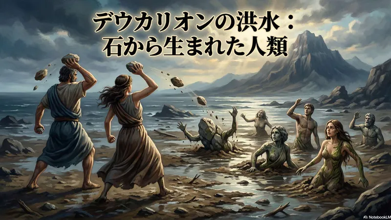 デウカリオンとピュラが背後に石を投げ、そこから新しい人間が生まれてくる様子を描いた神話の情景