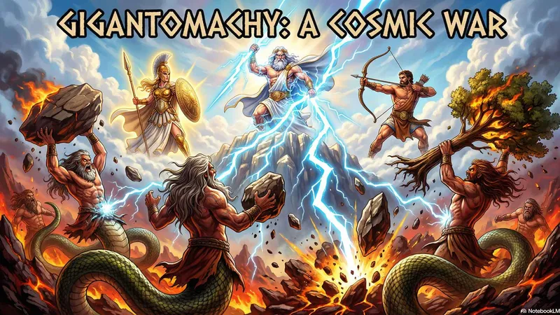 An ancient relief-style illustration depicting the fierce battle of the Gigantomachy between the Olympian gods and the snake-legged Giants.