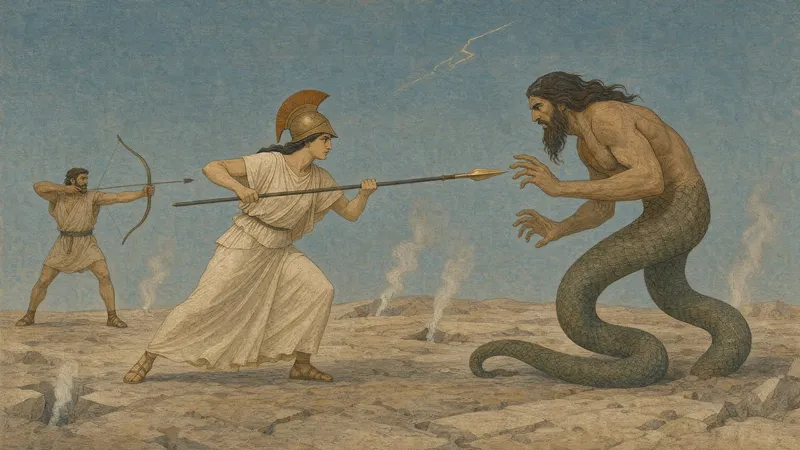 An ancient relief-style illustration depicting the fierce battle of the Gigantomachy between the Olympian gods and the snake-legged Giants.