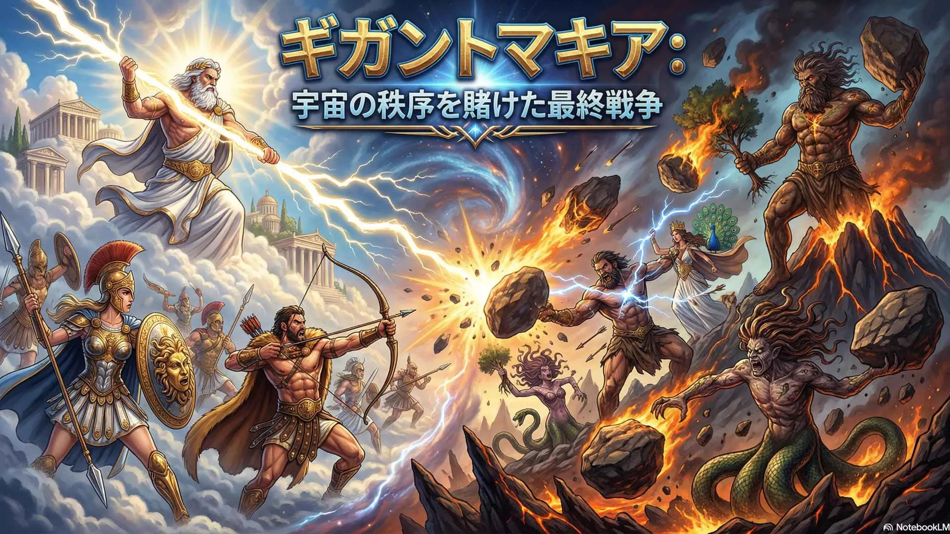 オリンポスの神々と、蛇の足を持つ巨人族が激しく戦うギガントマキアの様子を描いた古代のレリーフ風のイラスト。