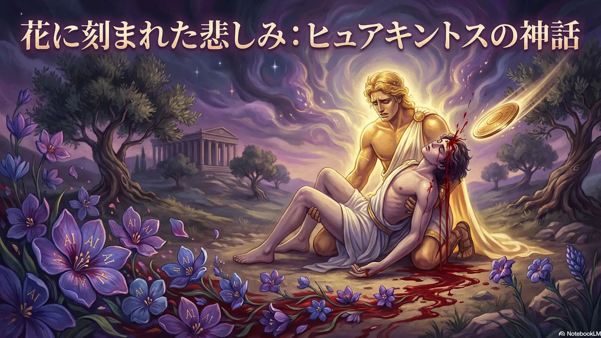 悲しみに暮れるアポロンの足元で、少年の流した血が鮮やかな紫色の花へと変わり、花弁に哀悼の文字が浮かび上がる様子