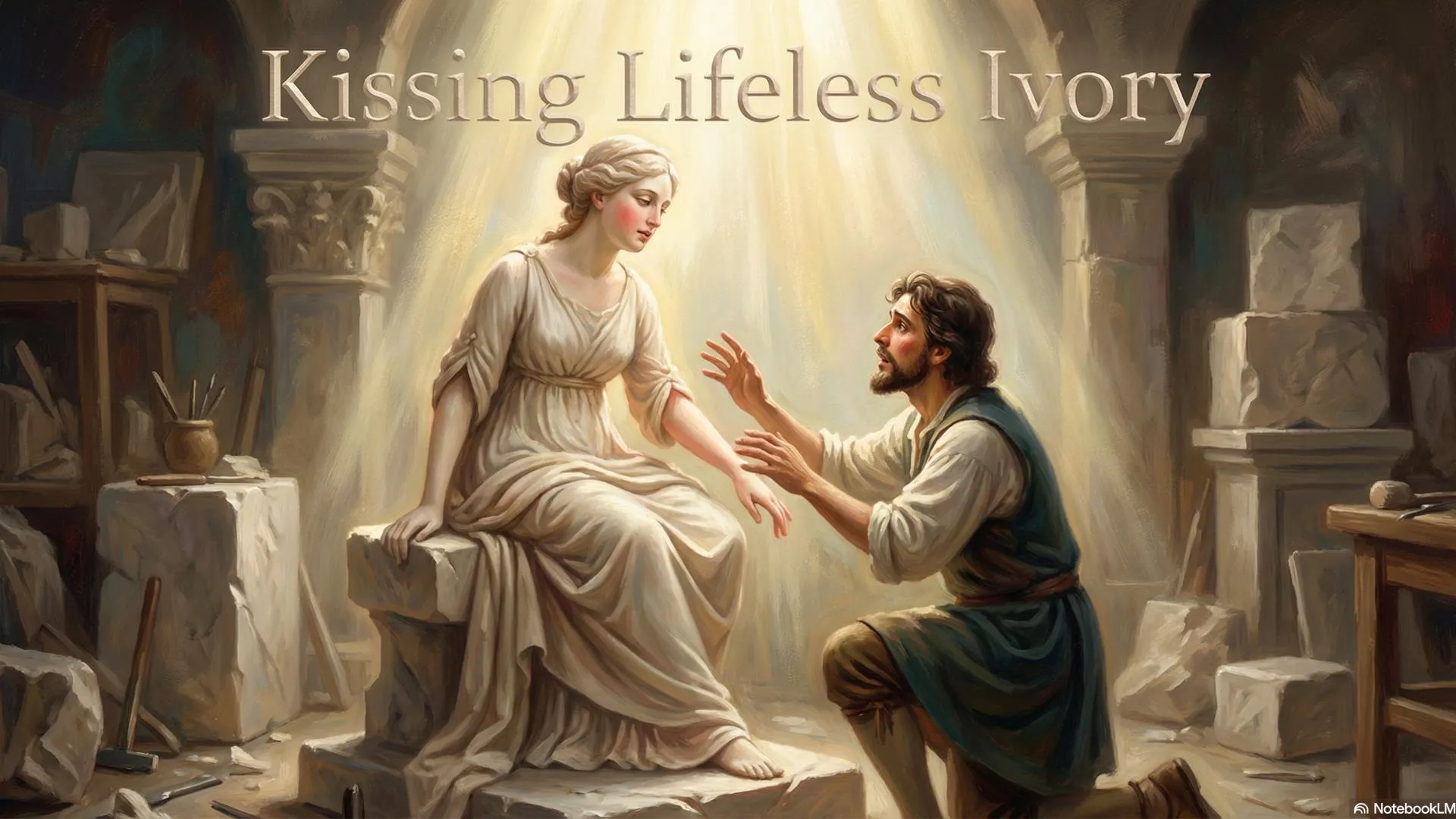 The hand of an ancient sculptor gently touching an ivory statue, and marble skin beginning to take on life