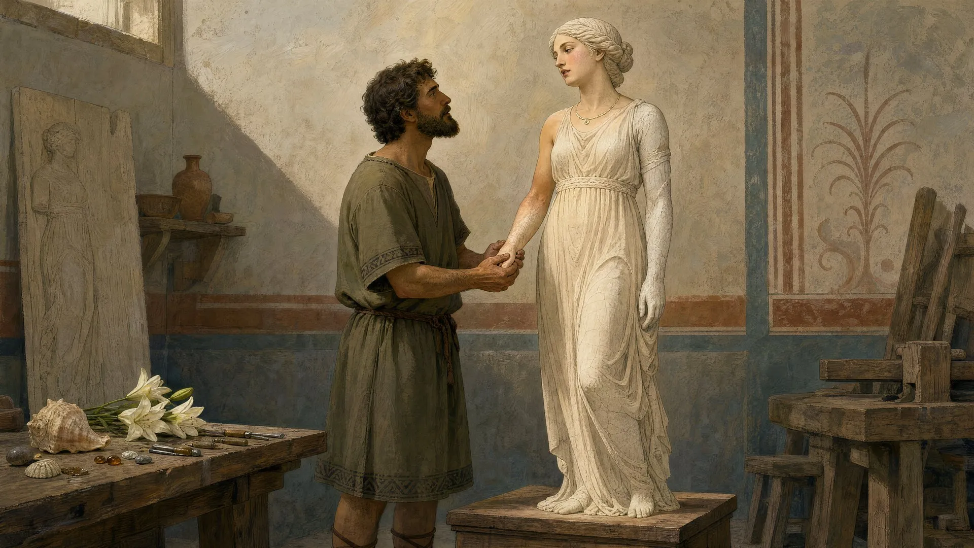 The hand of an ancient sculptor gently touching an ivory statue, and marble skin beginning to take on life