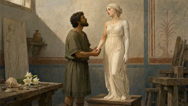 The hand of an ancient sculptor gently touching an ivory statue, and marble skin beginning to take on life