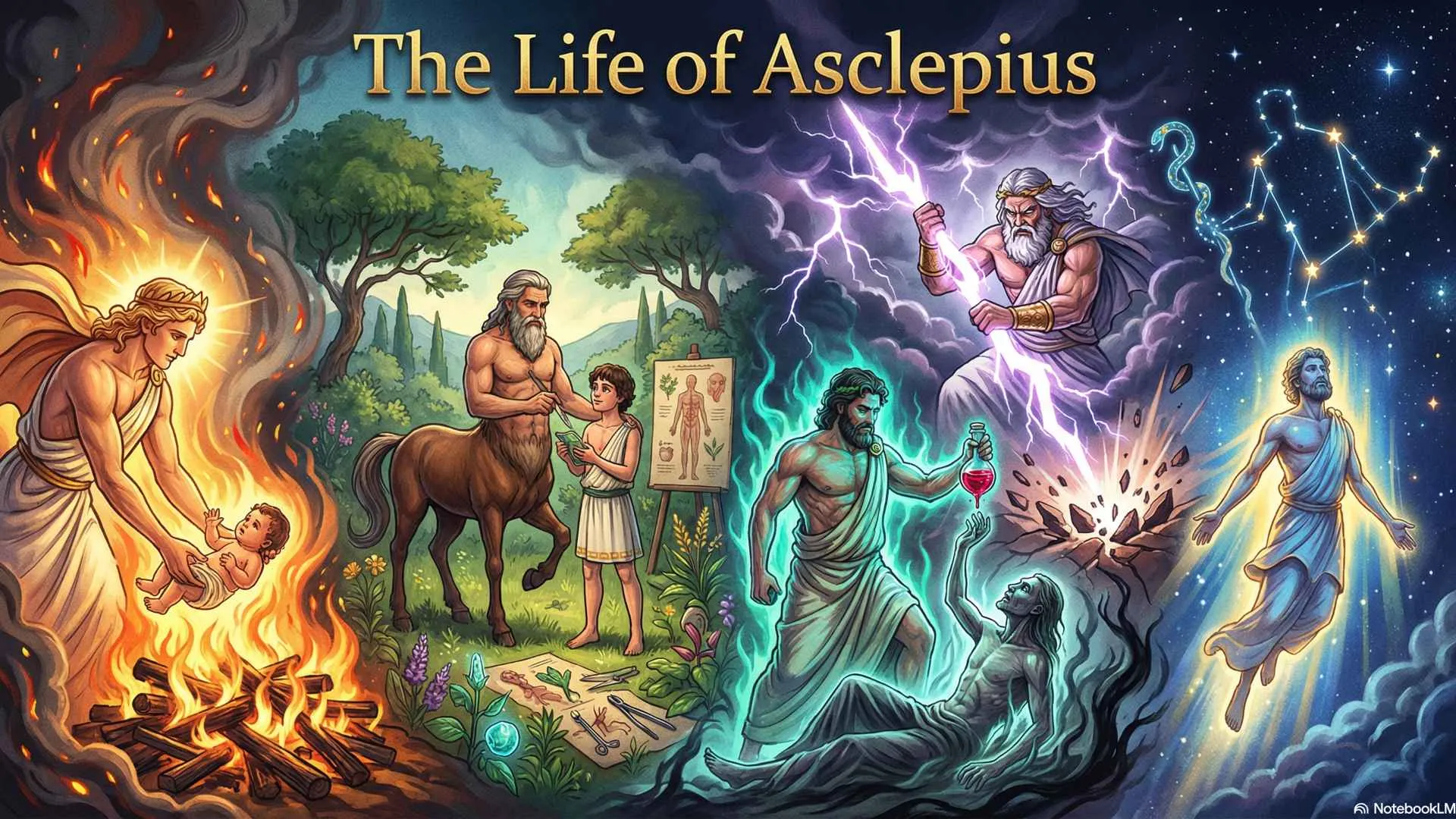 The dramatic figure of the sun god Apollo rescuing the infant Asclepius from the flames of the burning funeral pyre