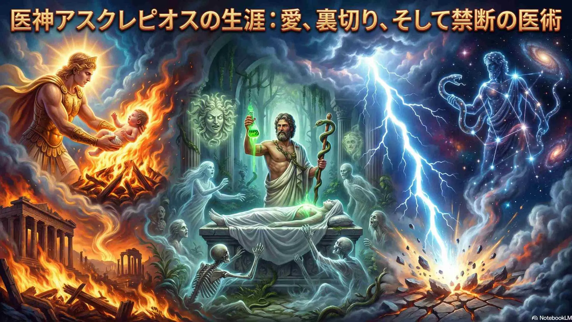 燃え盛る火葬の炎の中から、まだ赤子であるアスクレピオスを救い出す光明の神アポロンの劇的な姿