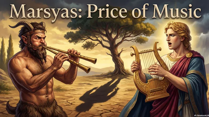 The tragic contrast between the cold resonance of Apollo's lyre and Marsyas hanging from a tree