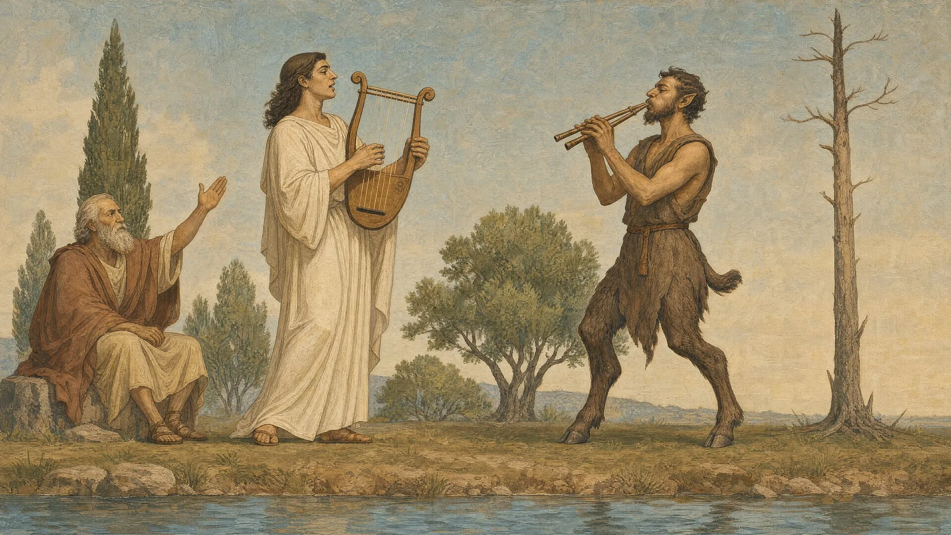 The tragic contrast between the cold resonance of Apollo's lyre and Marsyas hanging from a tree