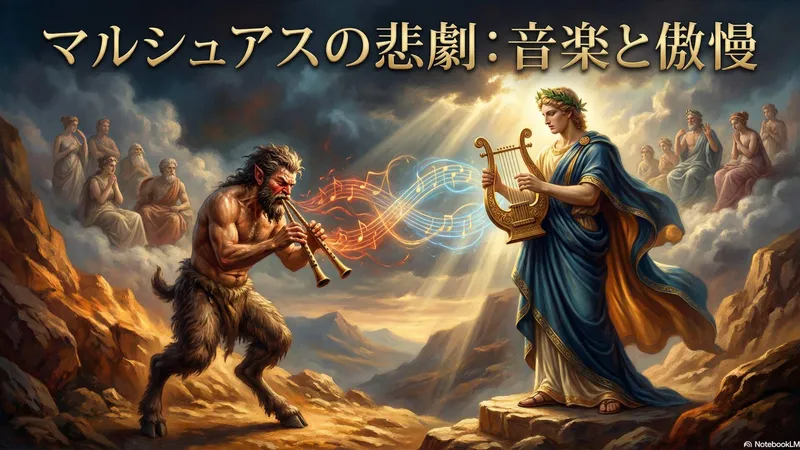 アポロンが奏でる竪琴の冷徹な響きと、木に吊るされたマルシュアスの悲劇的な対比