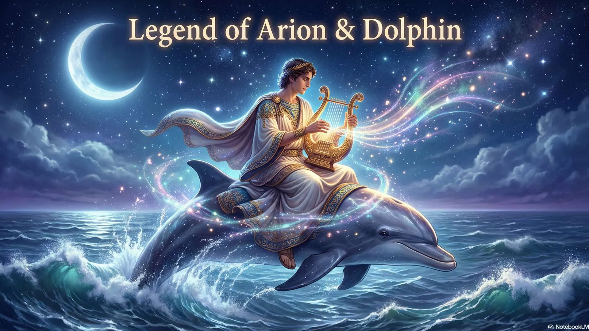 The fantastical figure of the musician Arion playing the lyre while riding on the back of a dolphin in the moonlit sea