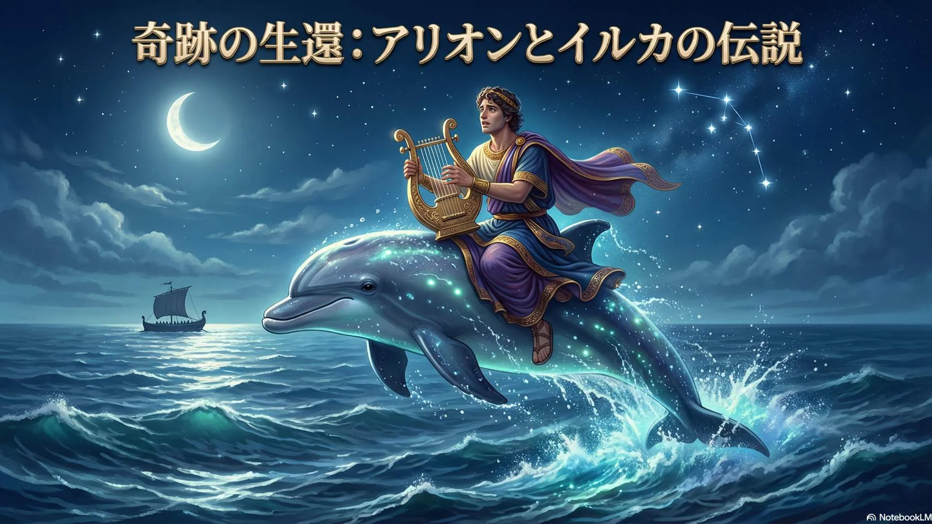 月明かりの海でイルカの背に乗り、竪琴を奏でる音楽家アリオンの幻想的な姿