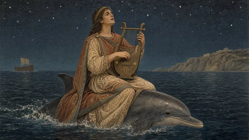 The fantastical figure of the musician Arion playing the lyre while riding on the back of a dolphin in the moonlit sea