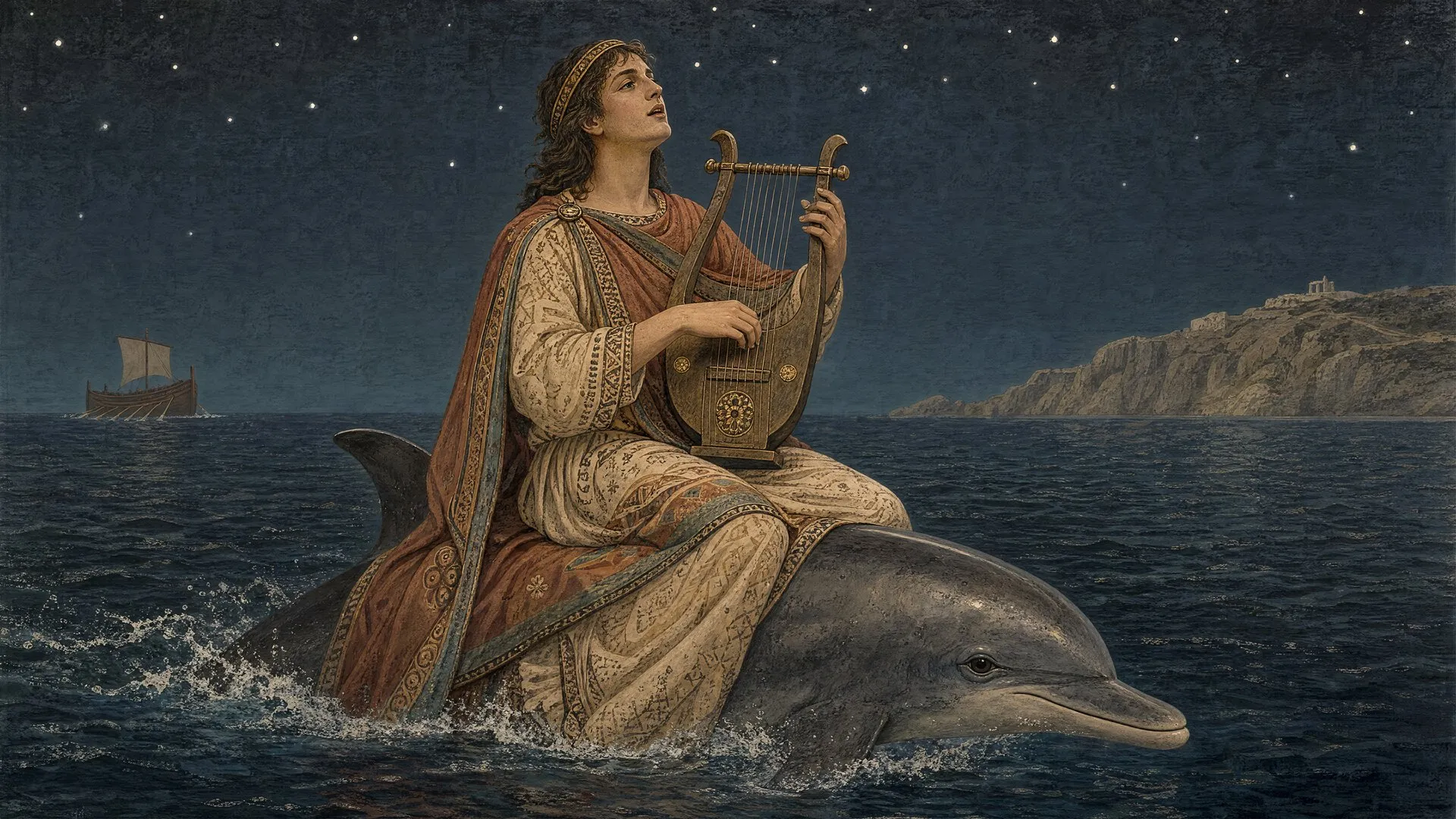 The fantastical figure of the musician Arion playing the lyre while riding on the back of a dolphin in the moonlit sea