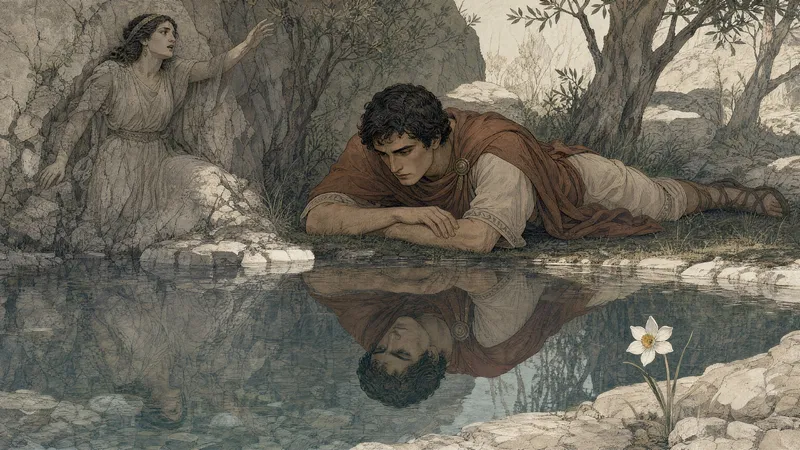 A beautiful youth gazing at his own reflection on the surface of a quiet spring, and a formless presence watching him from the shade of the forest trees