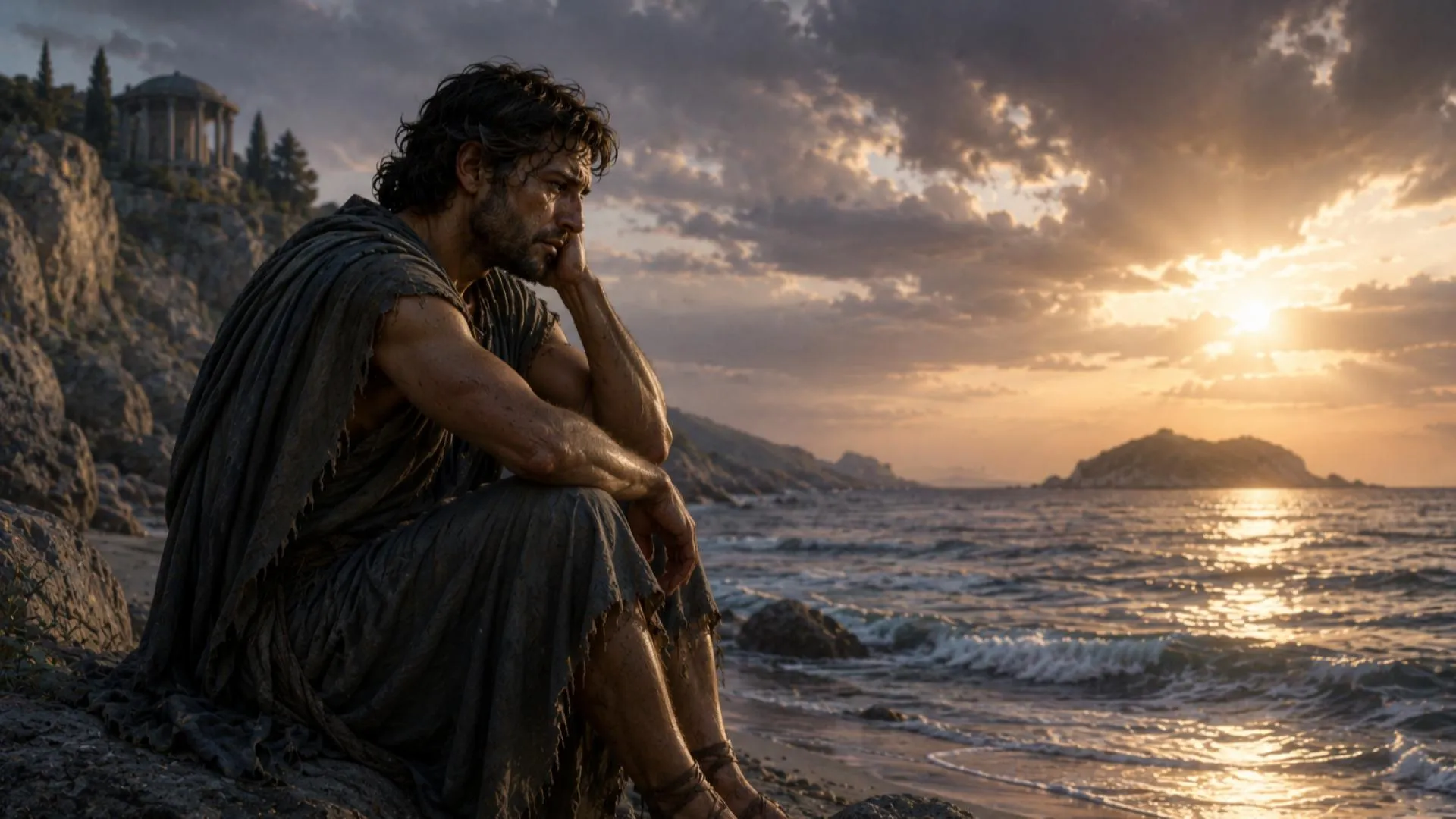 Odysseus sitting on a rock on the shore of Calypso's island, gazing out at the sea in tears
