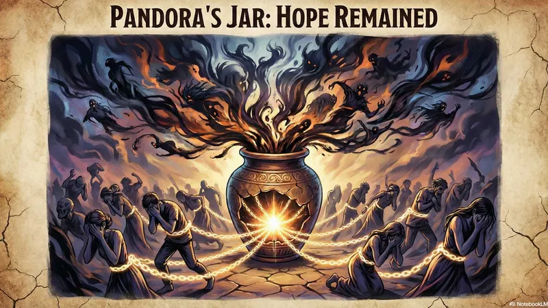 Pandora, with an expression of curiosity and apprehension, stands before the beautiful jar gifted to her by the gods.