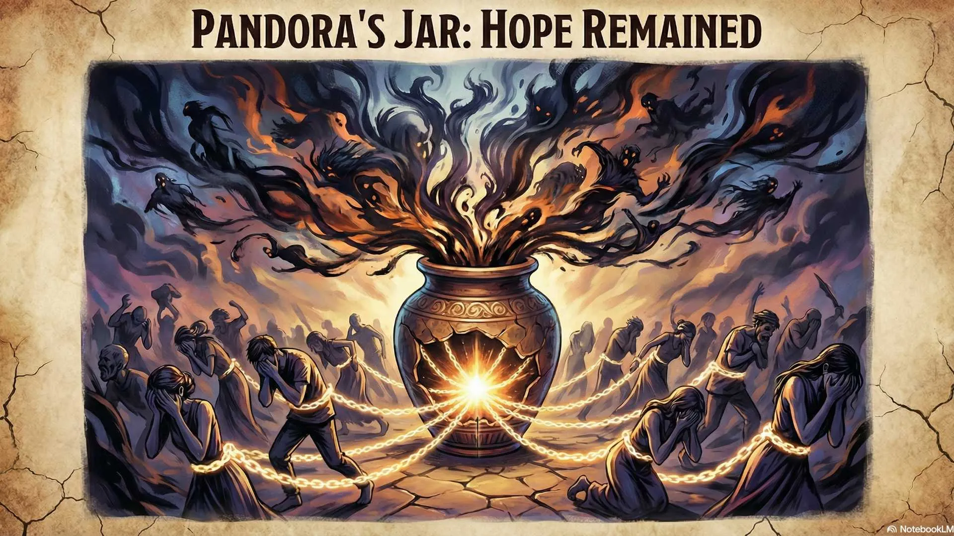 Pandora, with an expression of curiosity and apprehension, stands before the beautiful jar gifted to her by the gods.