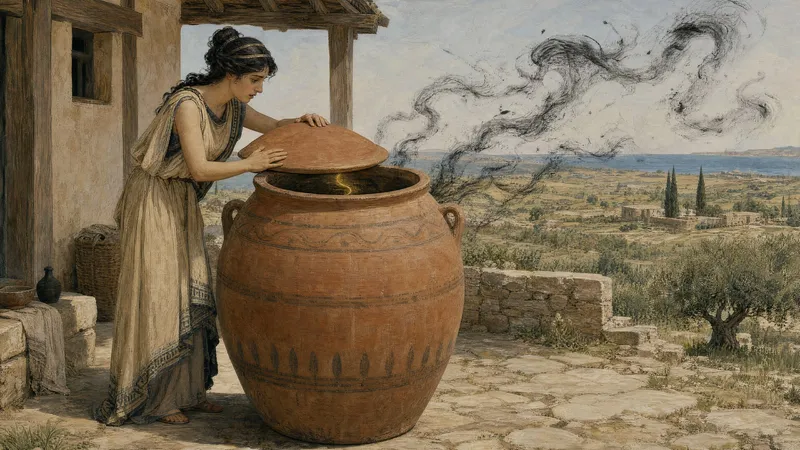 Pandora, with an expression of curiosity and apprehension, stands before the beautiful jar gifted to her by the gods.