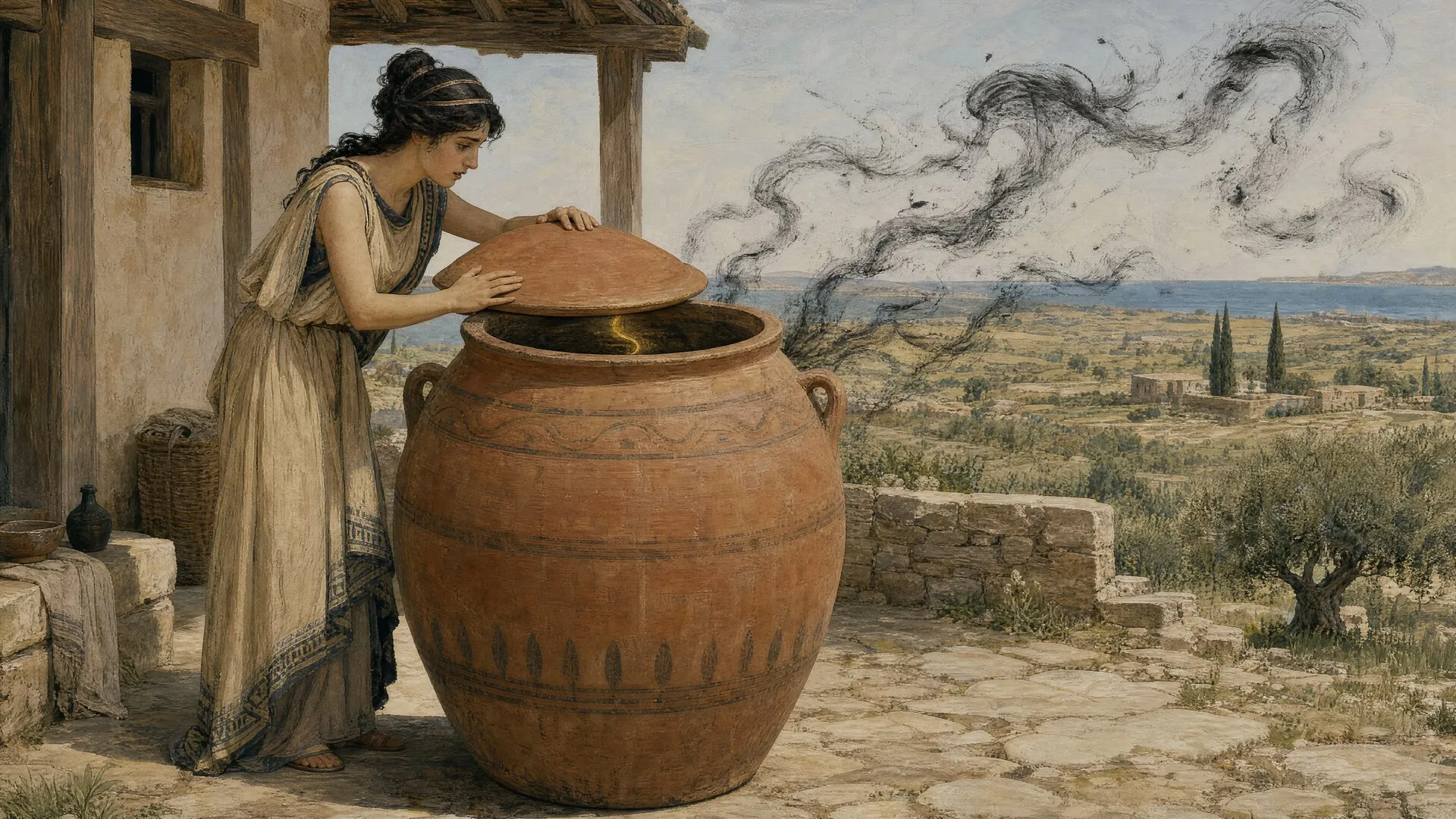 Pandora, with an expression of curiosity and apprehension, stands before the beautiful jar gifted to her by the gods.