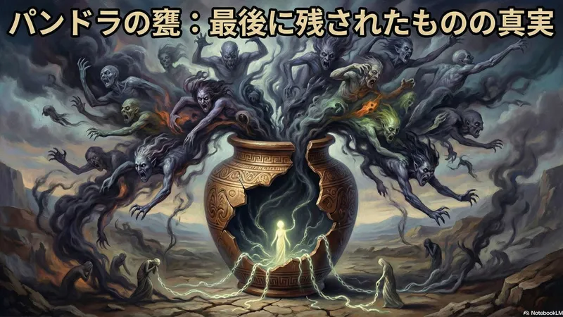 神々から贈られた美しい甕を前に、好奇心と不安の表情を浮かべるパンドラ。