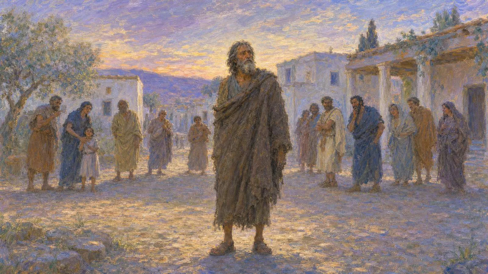 A philosopher in a rough cloak standing as townspeople watch him from a distance