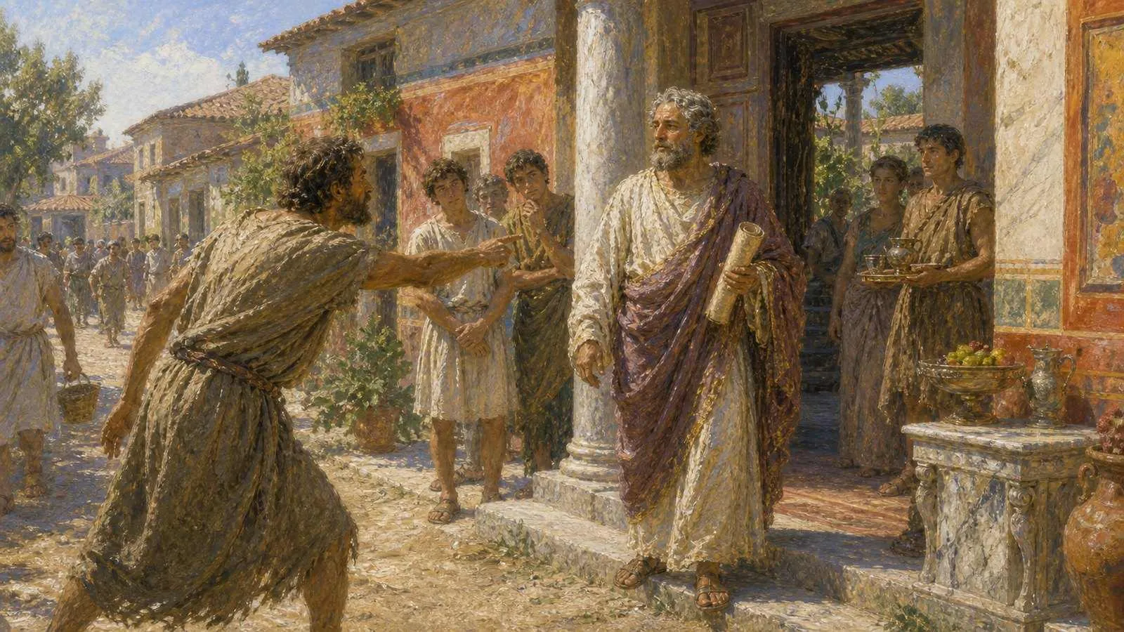 A philosopher supported by a Roman patron being confronted by a critic before a Roman house