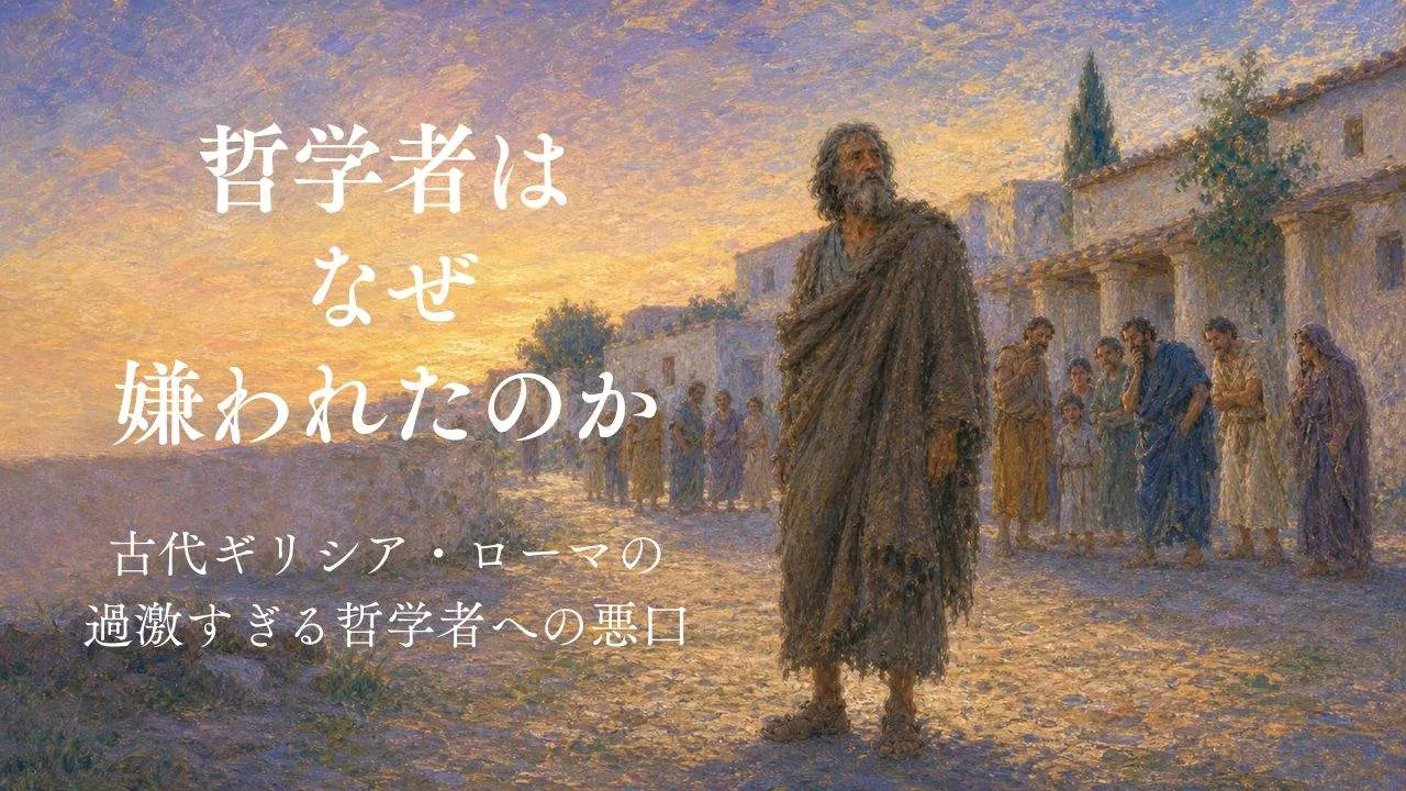A philosopher standing apart from a crowd in an ancient city at dusk