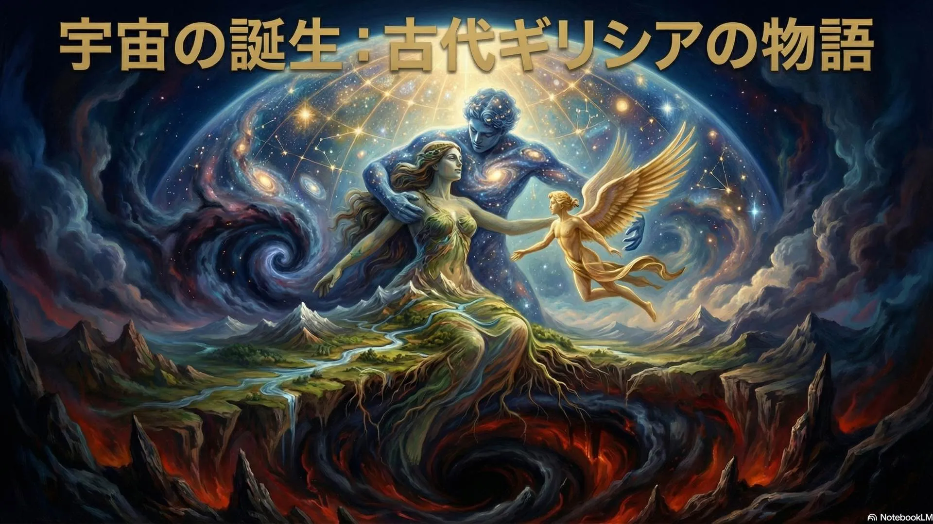 何もない混沌の空間から、大地母神ガイアが姿を現す様子