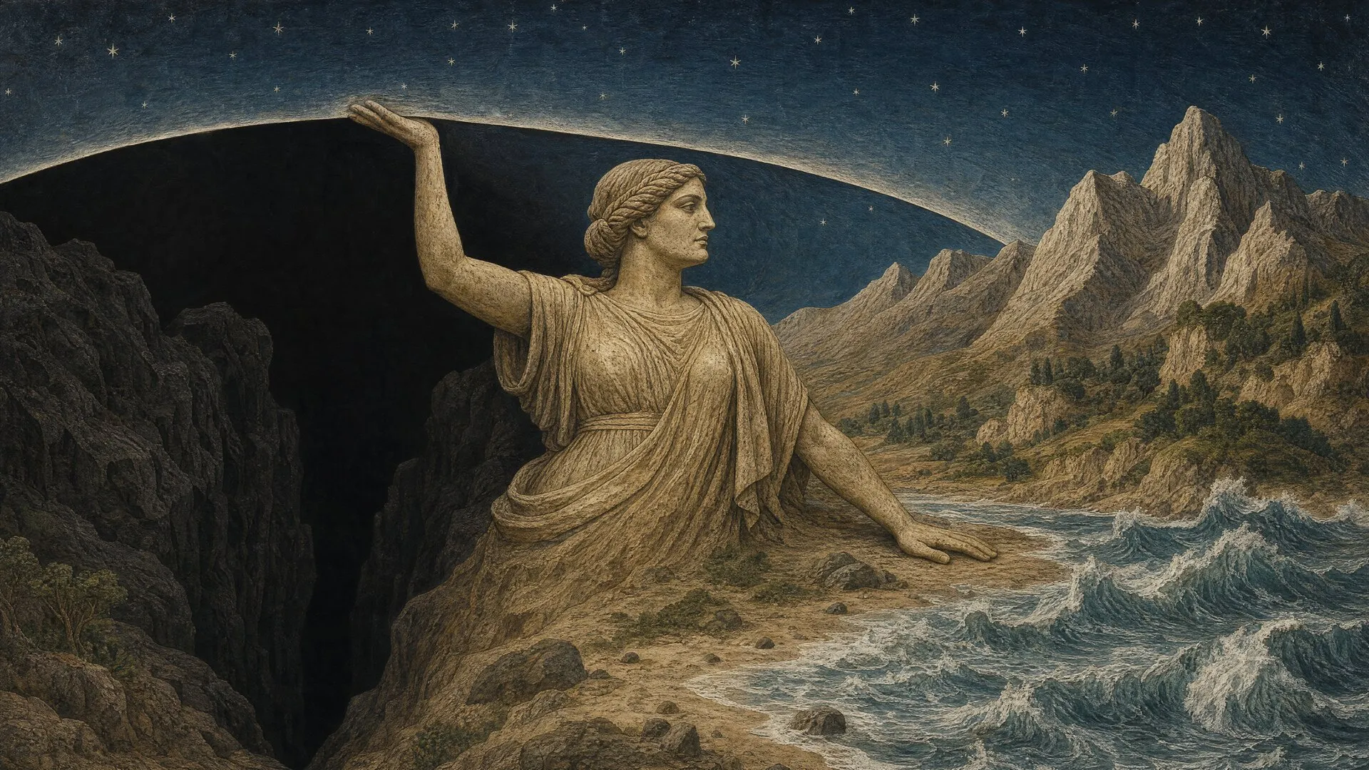 A depiction of the earth mother Gaia emerging from the void of Chaos.