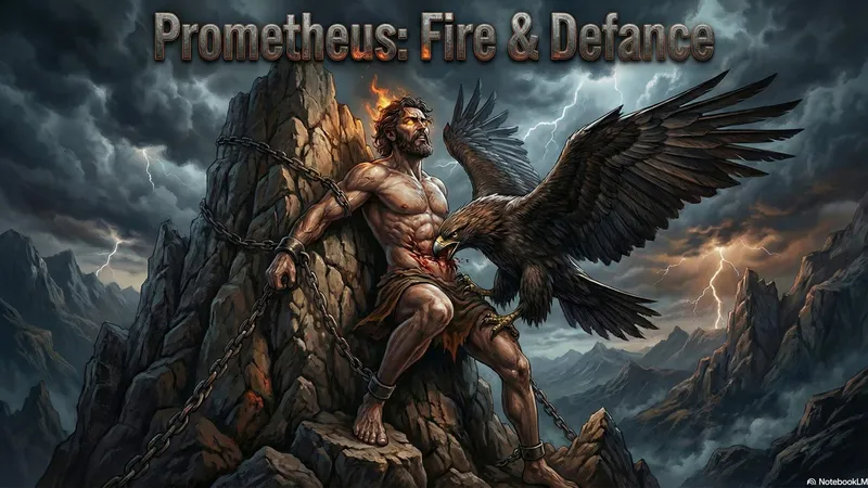 A dramatic scene of Prometheus chained to a rock in the Caucasus Mountains, his liver being eaten by an eagle.