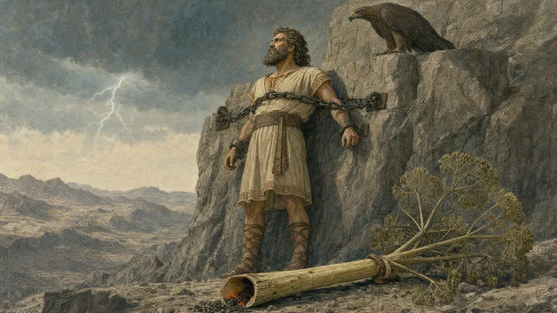 A dramatic scene of Prometheus chained to a rock in the Caucasus Mountains, his liver being eaten by an eagle.