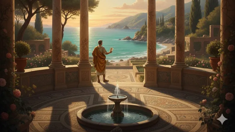 A garden in an ancient Roman villa, with a view of the sea from a colonnade.