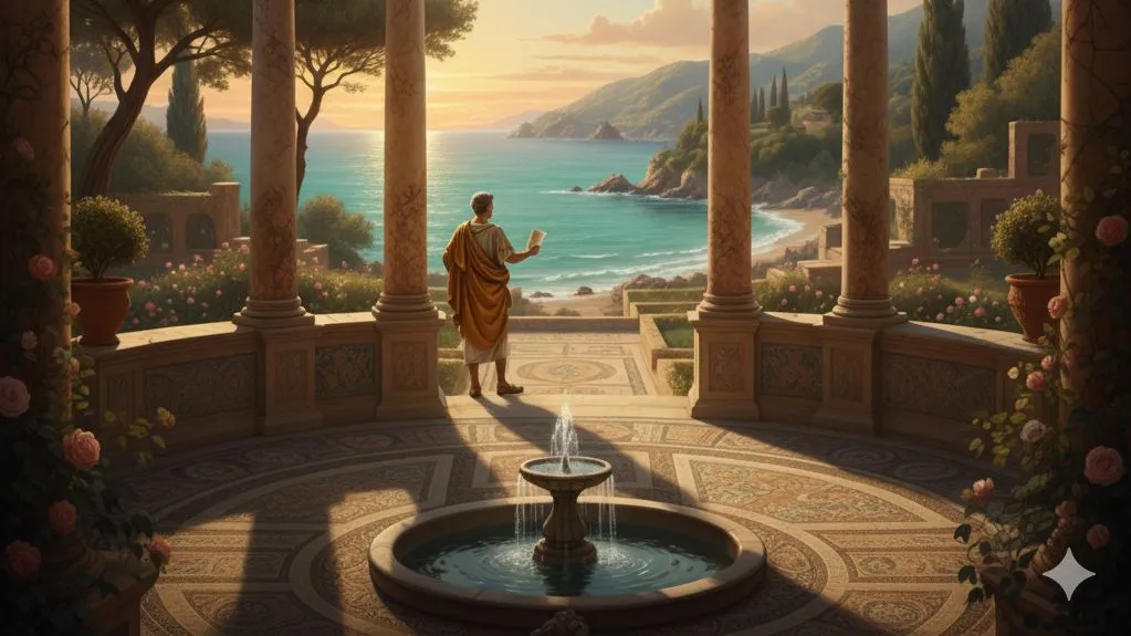 A garden in an ancient Roman villa, with a view of the sea from a colonnade.