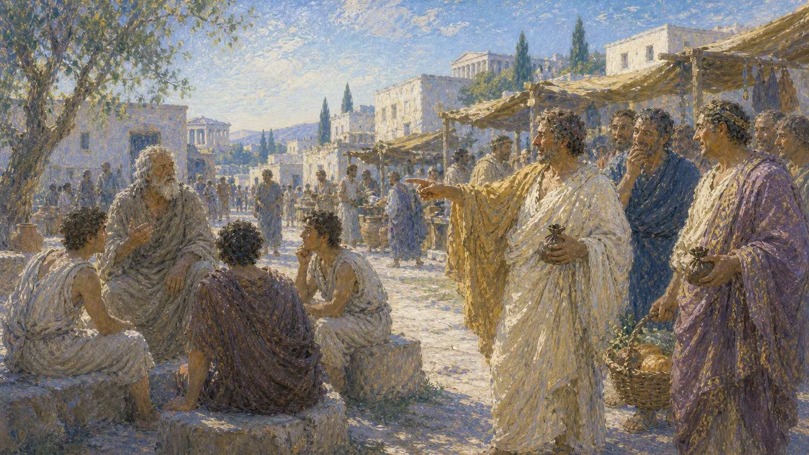 Socrates speaking with young men in the agora while bystanders mock him