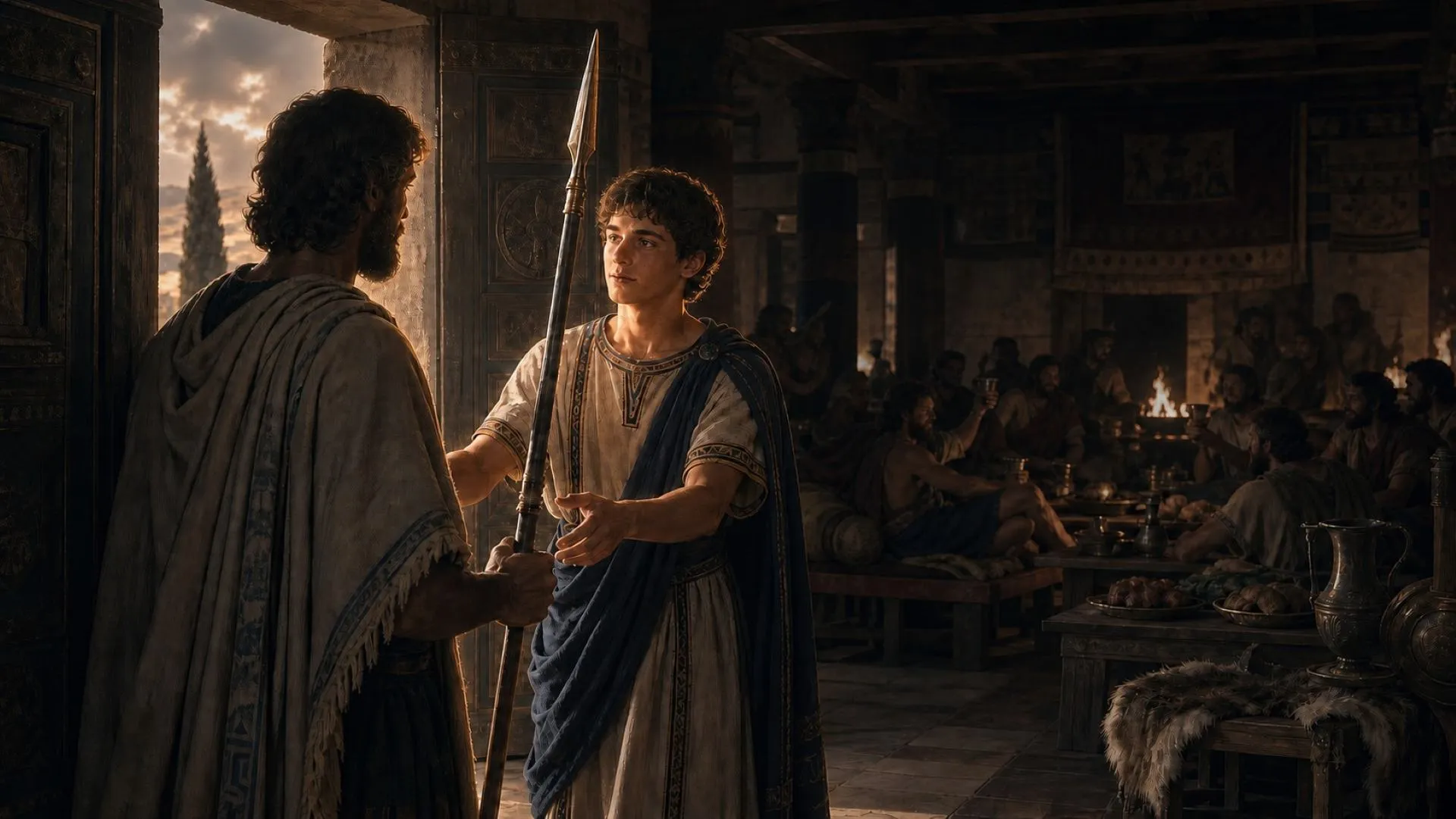 Telemachus receiving Athena, disguised as a stranger, at the door of the house where the suitors keep up their feast