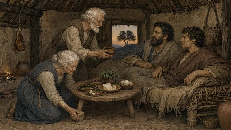 A warm scene of an elderly couple serving a meal to gods disguised as travelers inside a humble cottage