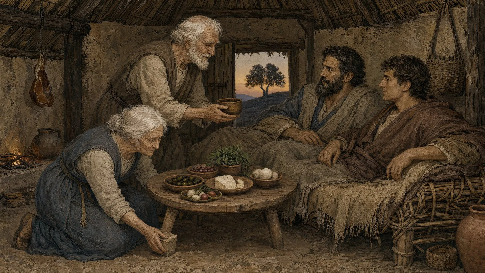 A warm scene of an elderly couple serving a meal to gods disguised as travelers inside a humble cottage