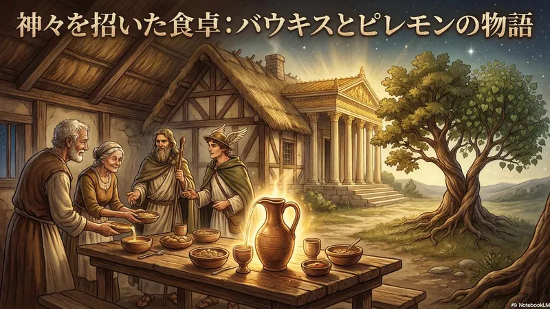 質素な小屋の中で、老夫婦が旅人の姿をした神々に食事を振る舞う温かな光景