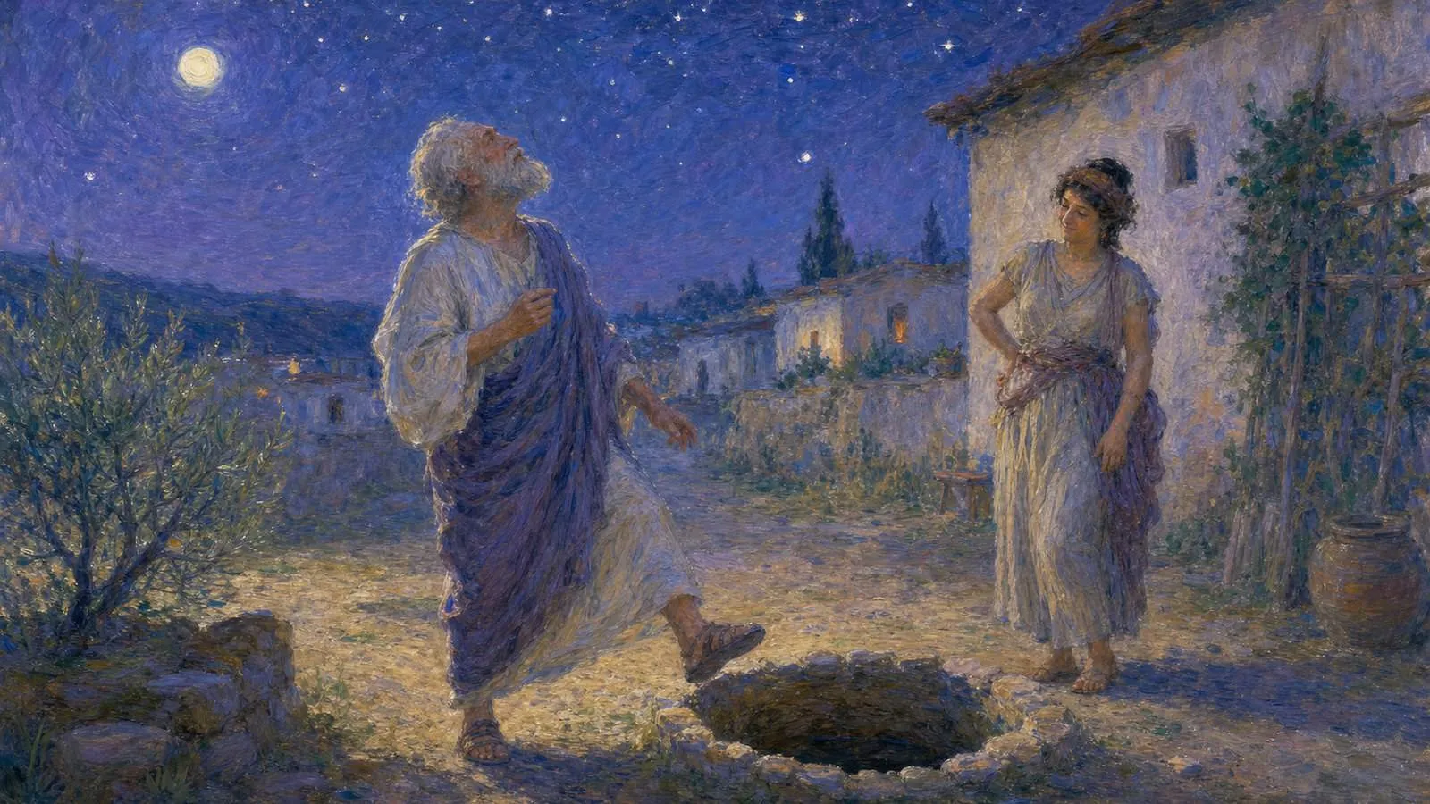 Thales looking up at the stars while a Thracian woman mocks him beside a well