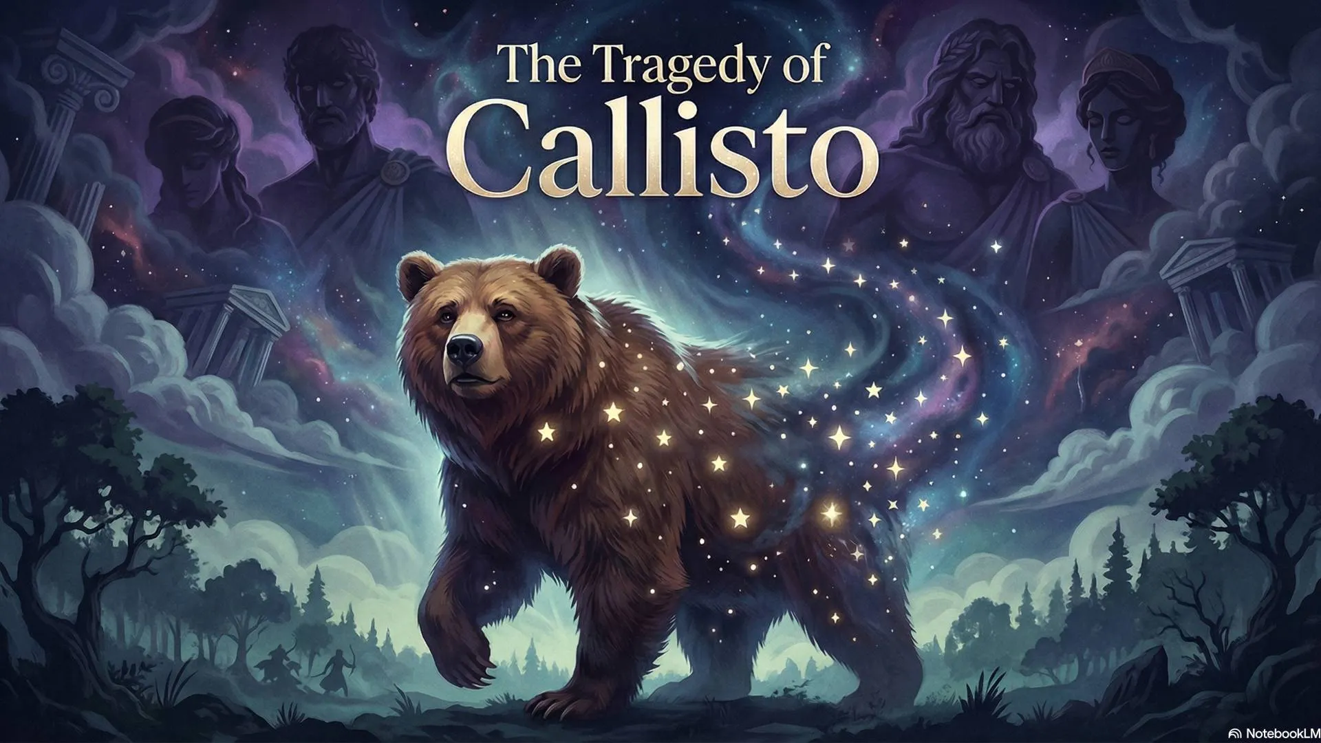 Image of Callisto transforming in the forest and two constellations rising in the night sky