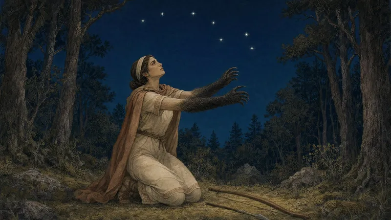Image of Callisto transforming in the forest and two constellations rising in the night sky