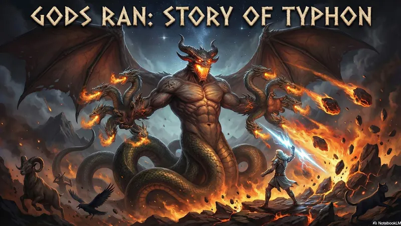 An artist's depiction of the confrontation between Typhon, spewing smoke from Mount Etna, and Zeus, wielding his thunderbolt.