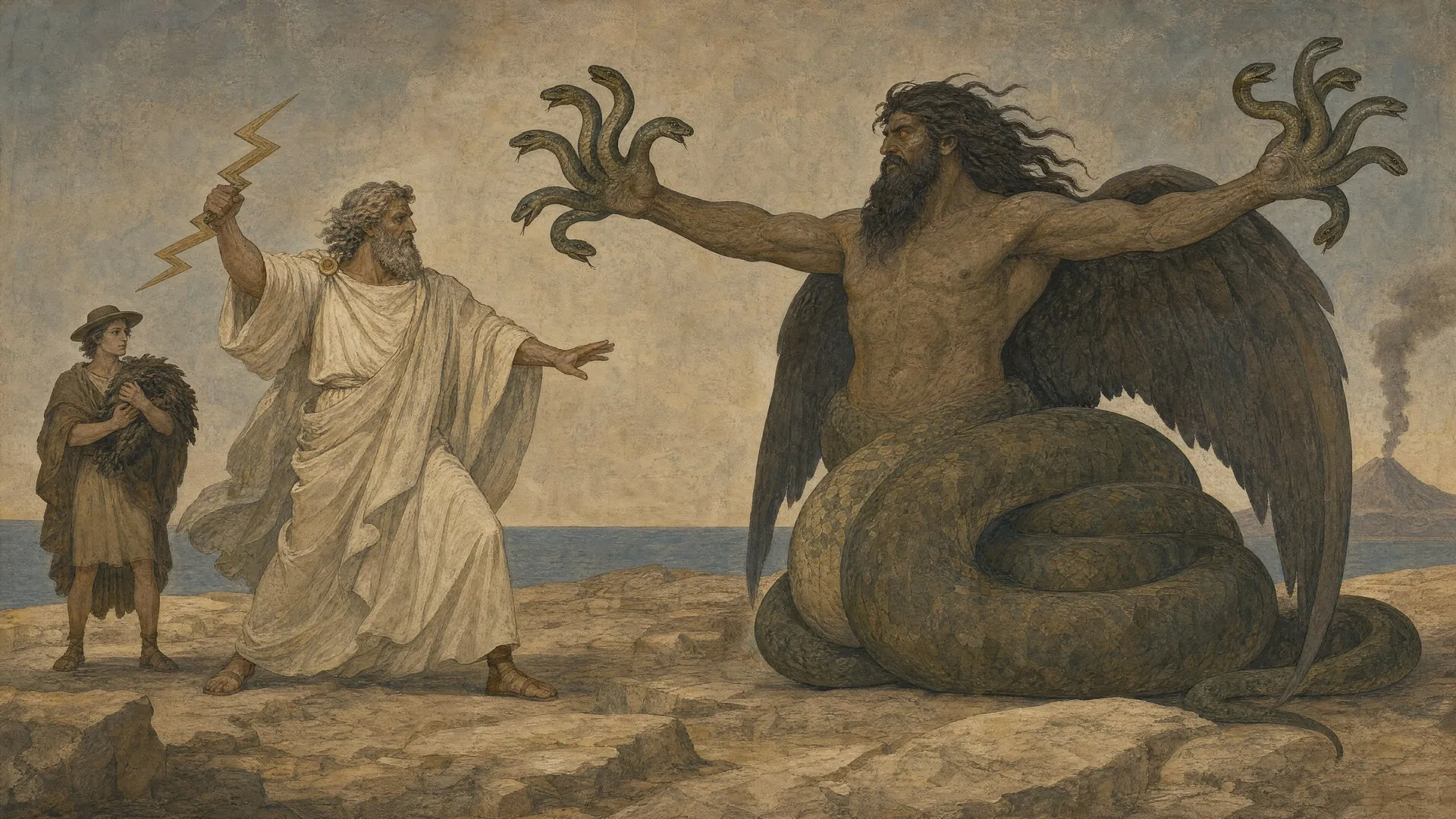 An artist's depiction of the confrontation between Typhon, spewing smoke from Mount Etna, and Zeus, wielding his thunderbolt.